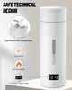 A white portable kettle with an LCD display showing temperature, along with feature callouts. Produktbild-Vorschau