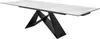 A modern dining table with a white marble-like top and a black geometric base, isolated on a white background. Produktbild-Vorschau
