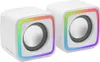 Two white cube-shaped speakers with RGB lighting around the speaker grille. Náhled obrázku produktu