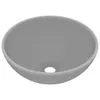 A top-down view of a light gray ceramic sink with a drain hole in the center.