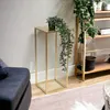 A gold plant stand with a potted plant on top, placed next to a sofa and a bookshelf in a room. Náhľad obrázku produktu