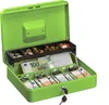 An open green metal cash box filled with euro banknotes and coins, with a key attached. Náhled obrázku produktu