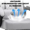 Close-up of a light gray gaming chair, highlighting its breathable fabric and ease of cleaning with graphic arrows indicating airflow. Produktbild-Vorschau