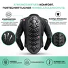 Rückansicht der Protektorenjacke mit Inlays zu Mesh-Gewebe und Wirbelsäulenschutz sowie Text zu Luftzirkulation und Sicherheit. Produktbild-Vorschau