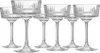 A set of six clear glass champagne coupe glasses with decorative etching on a white background. Náhľad obrázku produktu