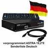 A satellite receiver, remote control, HDMI cable, and a German flag are displayed against a white background. Text below the items provides product details. Produktbild-Vorschau