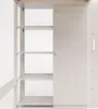 A close-up view of a white loft bed with shelves and a wardrobe door. Produktbild-Vorschau
