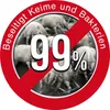 A red circle with a diagonal line across it and text indicating "99%" in the center, with an image of dust mites in the background. The text around the circle reads "Beseitigt Keime und Bakterien" (Removes Germs and Bacteria). Produktbild-Vorschau