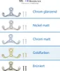 A collage showing different finishes of a double hook with screws, along with text labels for each finish. Produktbild-Vorschau