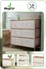 A bathroom with a toilet and a BEGRYF bamboo dresser with six fabric drawers. Smaller inset images show details of the dresser. Podgląd zdjęcia produktu