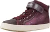 A single burgundy high-top sneaker with star patterns and a white sole, set against a white background.