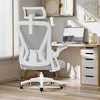 A white and gray ergonomic office chair is shown in a home office setting. Produktbild-Vorschau