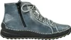 A side view of a blue leather boot with black soles and white stitching. Voir les images du produit