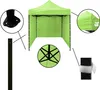 A diagram showing details of a green pop-up tent. Voir les images du produit