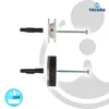 Two sets of hardware for mounting a mirror, each with a wall plug, a mounting bracket, and a screw. The top set has a white plastic bracket, and the bottom set has a black rubber bumper. A logo and text are visible in the upper right corner, and a circular Produktbild-Vorschau