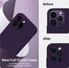 A collage showing a purple iPhone case and comparison shots of a phone camera before and after applying the case. Produktbild-Vorschau