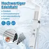 A white shower panel system is shown against a background of splashing water. Text highlights product features and a close-up of stainless steel tubes is shown. Náhled obrázku produktu