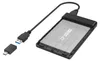 A black USB enclosure for a 2.5-inch SSD or HDD, shown with a USB-A to USB-C adapter. Anteprima dell’immagine prodotto