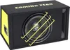 A subwoofer in a black and yellow enclosure, shown from a front-side angle against a white background. Produktbild-Vorschau