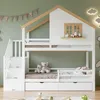 A children's bunk bed with a house-like design, decorated with a garland and cloud-shaped lights on a light green wall. Náhled obrázku produktu