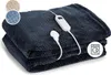 A folded navy blue electric blanket with a controller and two sample swatches of fabric in beige and light blue. Podgląd zdjęcia produktu