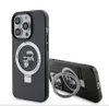 A black iPhone case with a ring stand is shown against a white background. The case features a graphic of Karl Lagerfeld and his cat, Choupette. Produktbild-Vorschau