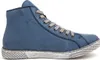 A side view of a blue high-top sneaker with gray laces. Anteprima dell’immagine prodotto