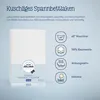 A white baby crib sheet is shown with marketing text and feature icons. Produktbild-Vorschau