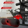 Close-up of a gym equipment leg roller attachment with text overlays highlighting features in English and German. Podgląd zdjęcia produktu