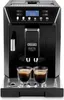 A black DeLonghi Eletta Cappuccino Evo coffee machine is shown from the front, with two cups of espresso at the bottom. Produktbild-Vorschau