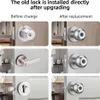 A collage of images showing the comparison between an old lock and a new smart lock, with different angles and close-ups. Podgląd zdjęcia produktu