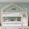 A children's bunk bed with a house-shaped frame, decorated with stars and a "hello" sign on the wall. Produktbild-Vorschau