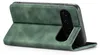 A green flip case for a smartphone is shown standing upright, revealing the phone's camera array. Produktbild-Vorschau