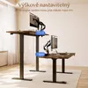 Two adjustable standing desks are shown in different heights with monitors. Text indicates height adjustability. Náhled obrázku produktu