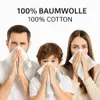 A family of three (father, mother, and son) are holding white handkerchiefs to their noses, suggesting they might be experiencing allergies or a cold. The background is plain white. Produktbild-Vorschau