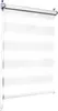 A white roller blind with horizontal stripes of opaque and sheer fabric, mounted on a window frame. Produktbild-Vorschau