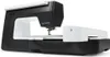 A black and white sewing machine with an embroidery module attached, shown from a side-angle on a white background. Produktbild-Vorschau