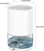 A white dehumidifier with a transparent water tank sits on a white background, with dimensions indicated by lines and text. Produktbild-Vorschau