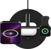 A black 3-in-1 wireless charging stand with a phone, earbuds, and a smartwatch placed on it. Podgląd zdjęcia produktu