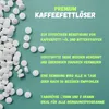 A pile of white tablets next to promotional text on a teal background. Produktbild-Vorschau