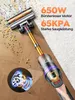 A cordless vacuum cleaner is shown in action, cleaning debris from a wooden floor and a white rug. A close-up inset shows the motor's internal components. Text overlays highlight the vacuum's power specifications. Produktbild-Vorschau