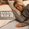 A woman sleeping peacefully on a bed, with text overlay. Produktbild-Vorschau