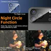Collage showing a camera lens protector, a close-up of a phone camera, and two comparison photos of a child holding a glowing jar at night, illustrating the effect of glare. Produktbild-Vorschau