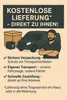 A marketing image advertising free delivery, showing a delivery van, boxes, and a delivery person. Produktbild-Vorschau
