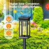 A solar garden light is shown in a grassy yard with flowers in the background. Text overlays highlight product features. Produktbild-Vorschau