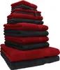A stack of folded towels in red and black. Produktbild-Vorschau
