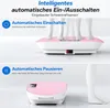 Collage showing a vibration plate with text overlays explaining its automatic on/off features. Produktbild-Vorschau