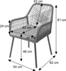 A gray garden chair with dimensions indicated by arrows and text. Produktbild-Vorschau