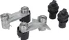 Two sets of silver metal door hinges with ball bearings and black rubber components, and three black plastic caps with square tops, are arranged on a white background. Produktbild-Vorschau
