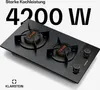 A black gas cooktop with two burners is shown from a diagonal angle on a white background. Text overlays highlight its power. Produktbild-Vorschau